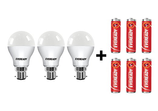 Buy Eveready B22 Base 9-Watt LED Bulb (Pack of 3, Cool Day Light) with 6 1015 AA carbon Zinc Batteries