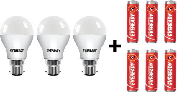 Buy Eveready 9W LED Bulb with Free 6 Batteries (White, Pack of 3)